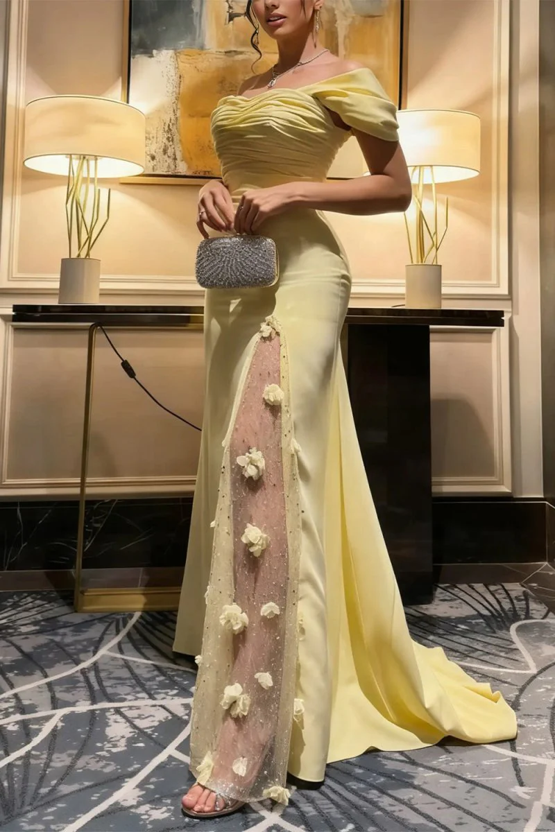Yellow Mermaid Off The Shoulder Satin Long Prom Dresses With Flowers