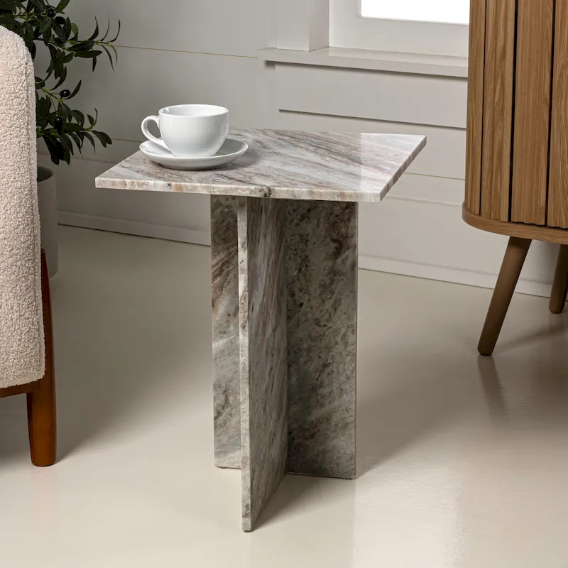 Travertine / Gray Beige Natural Marble T-Shaped End Table, Mid-Century Style, 1-Person