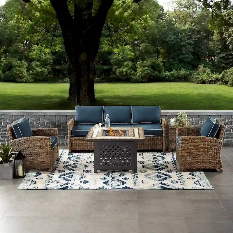Crosley Bradenton 5-Piece Outdoor Wicker Sofa Conversation Set With Navy Cushions - 107