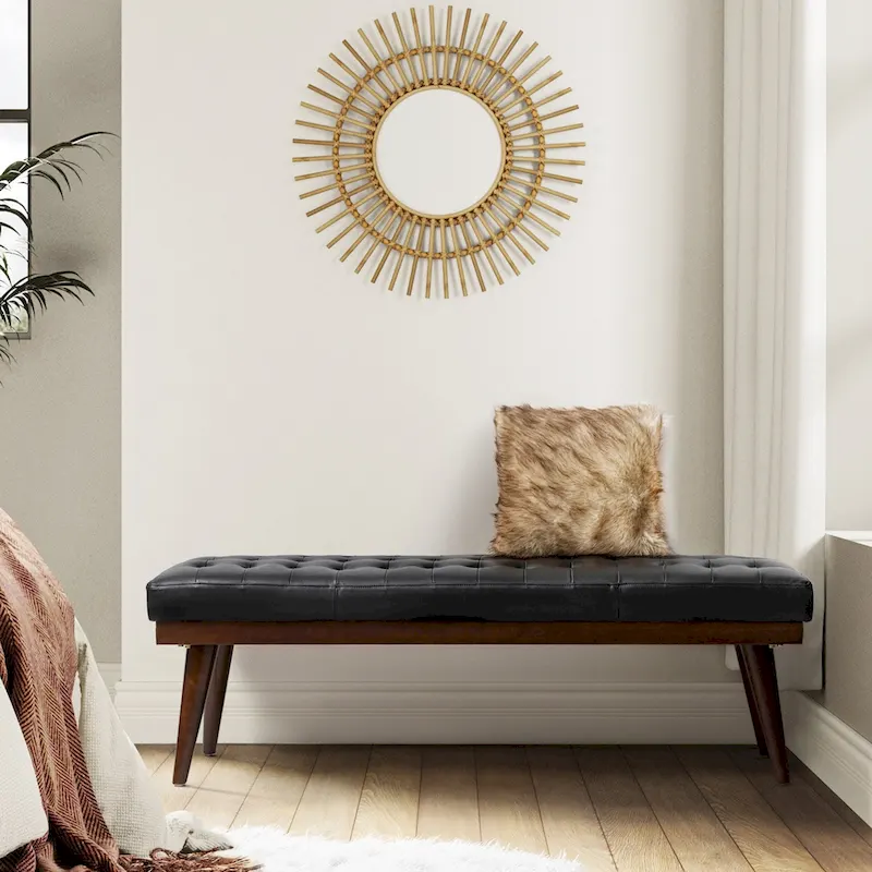 Genuine Leather Tufted Bench with Solid Wood Base