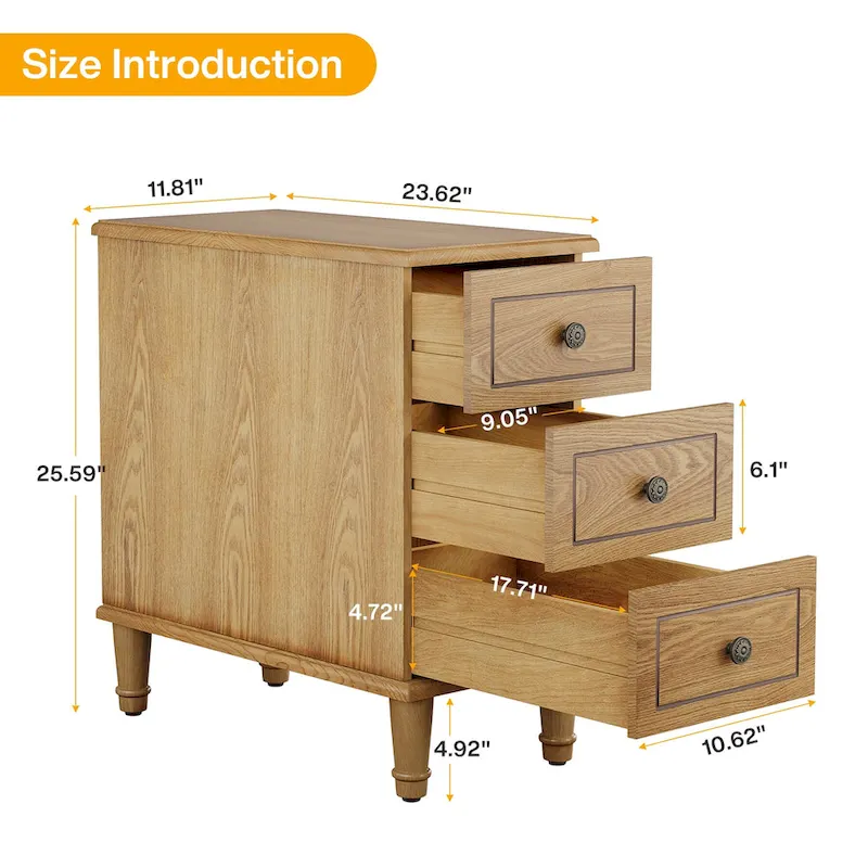 Solid Wood End Table with 3 Drawers, Fully Assembled Narrow Side Table