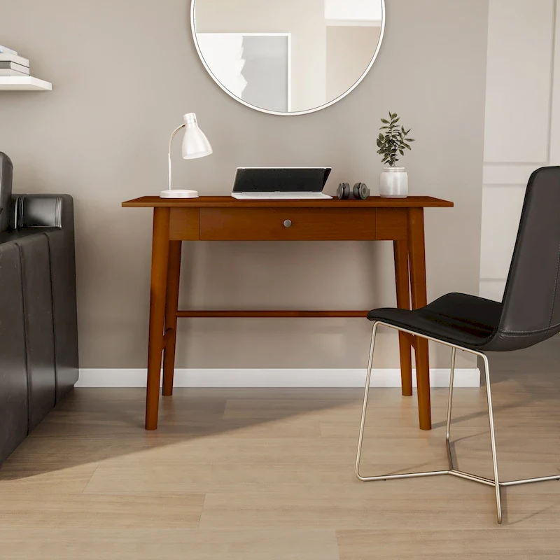 Mid-Century Modern Writing Desk with Drawer – Brown / White, Angled Legs, Single User