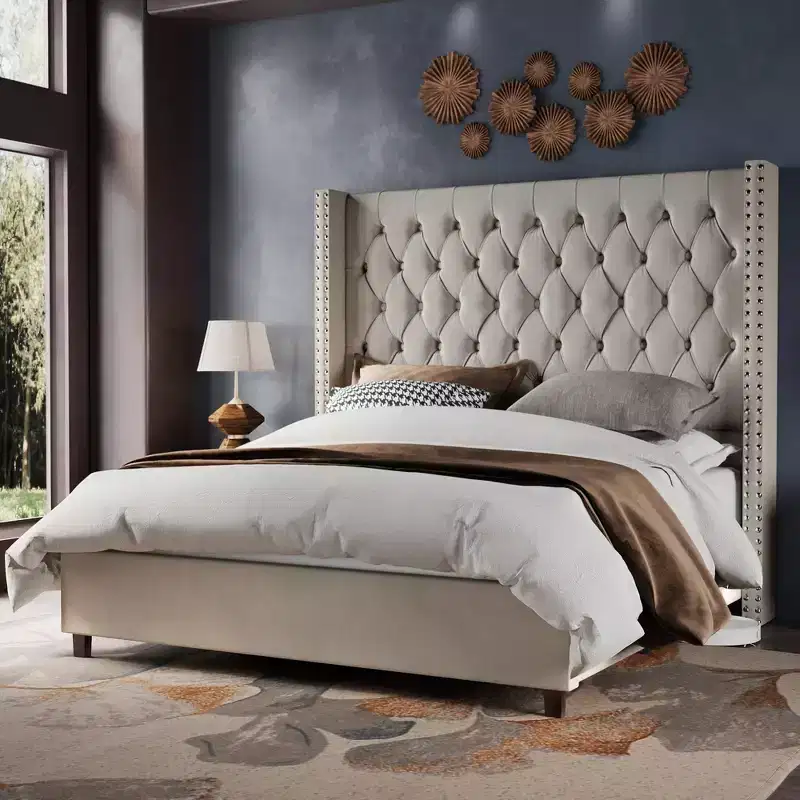 Beige / Black / Gray Velvet Wingback Platform Bed Frame – Queen / King / California King