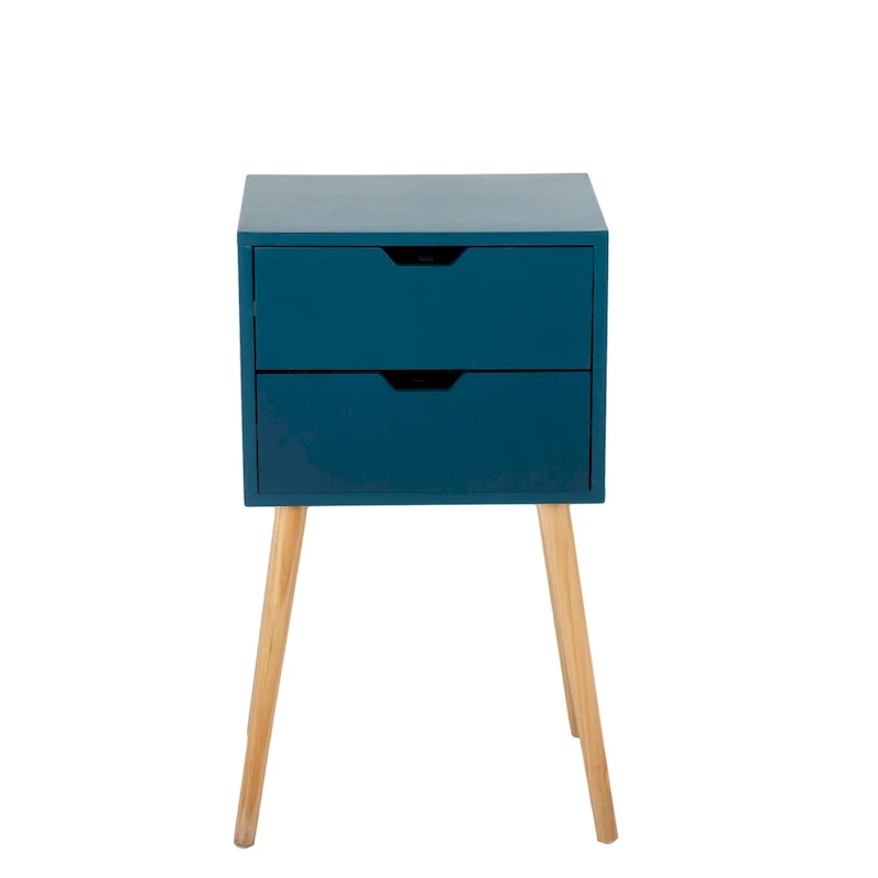 Blue Mid-Century Nightstand with 2 Drawers, Set of 2