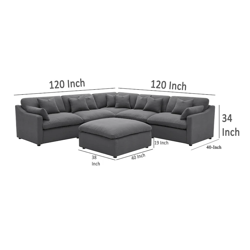 Hobo 6pc Sectional Sofa, Charcoal Gray Fabric, 10 Pillows, 120 Inch