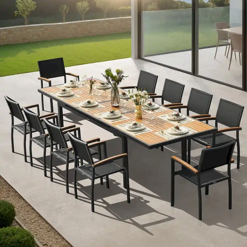 HIGOLD - Heck 11-Piece FSC Teak Patio Dining Set for 10 Persons, Extendable Dining Table and 10 Armchairs, Aluminum Frame