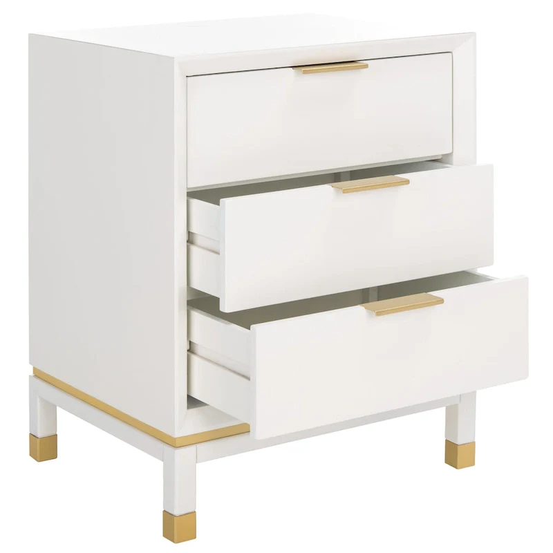 3-Drawer Nightstand Accent Table, White Wood Frame with Gold-Capped Legs