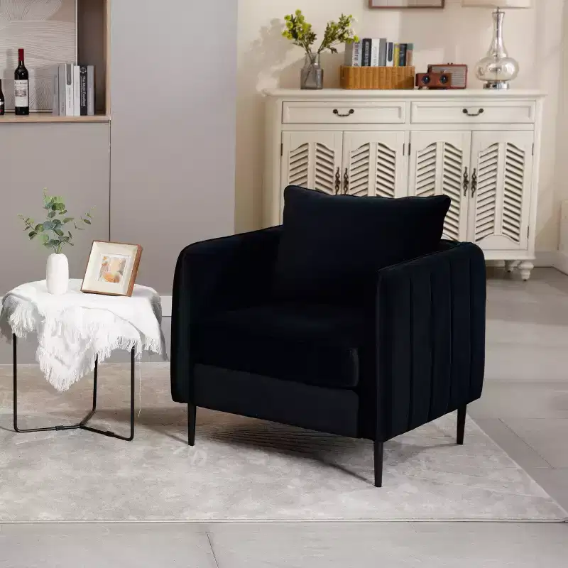 Modern Velvet Accent Chair  Upholstered Armchair with Back Pillow & Metal Legs, Single Sofa with Striped Sides for Bedroom or Living Room
