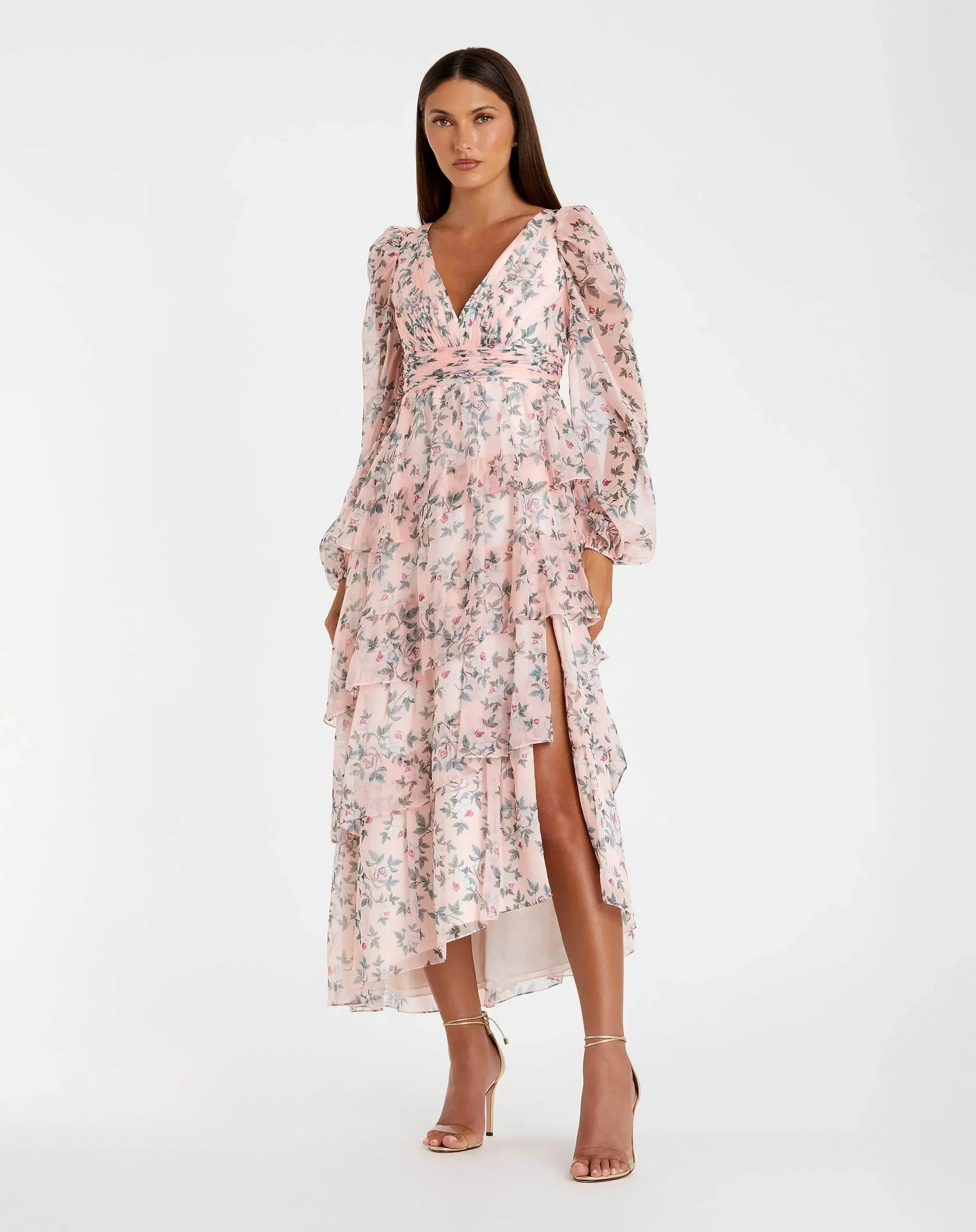 Pink Puff Sleeve Floral Printed Dress