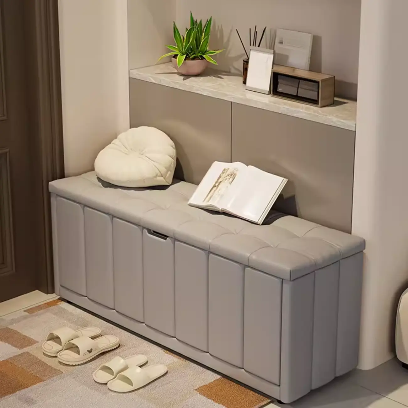 Adjustable Shelves Drop Front Wood Cushioned Shoe Bench