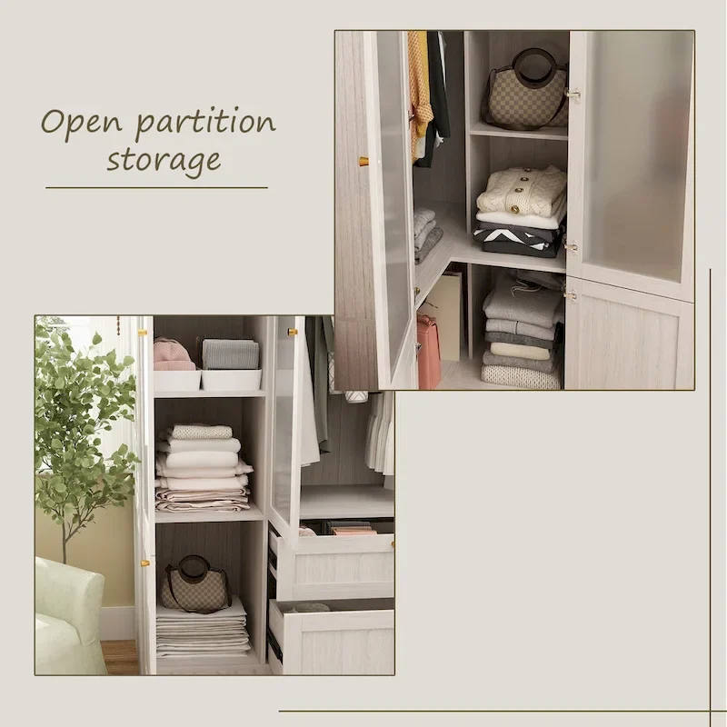 Large Frosted Glass Wardrobe with Soft-Close Hinges | MDF Construction | Light Gray Wood Grain | Gold Handles | Customizable Walk-In Closet