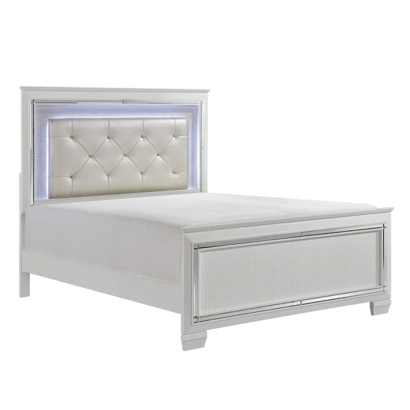 Noah Contemporary Queen Bed, LED Backlit Crystal Tufted Headboard, White