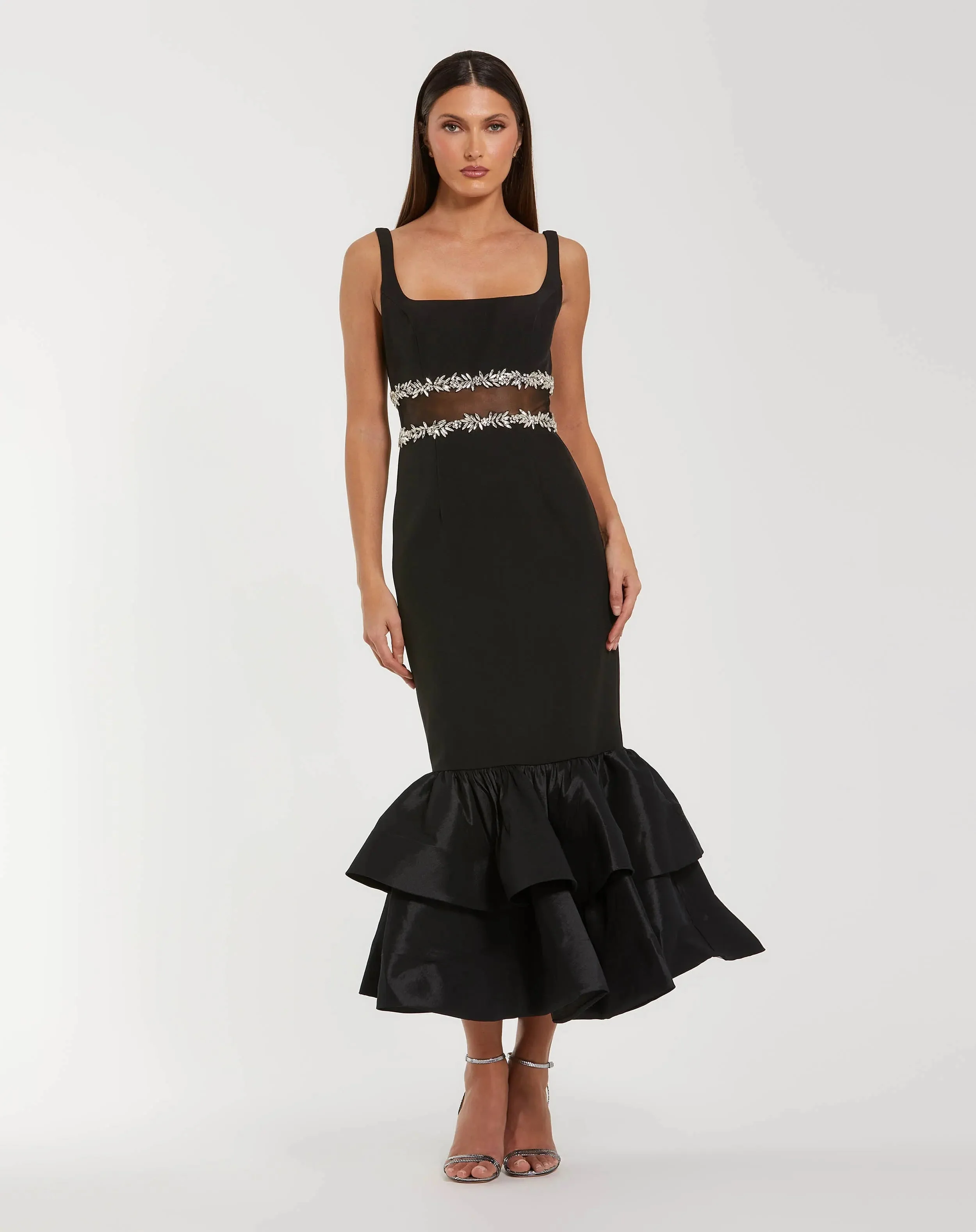 Black Crepe Ruffle Hem Midi Dress With Jewel Detail