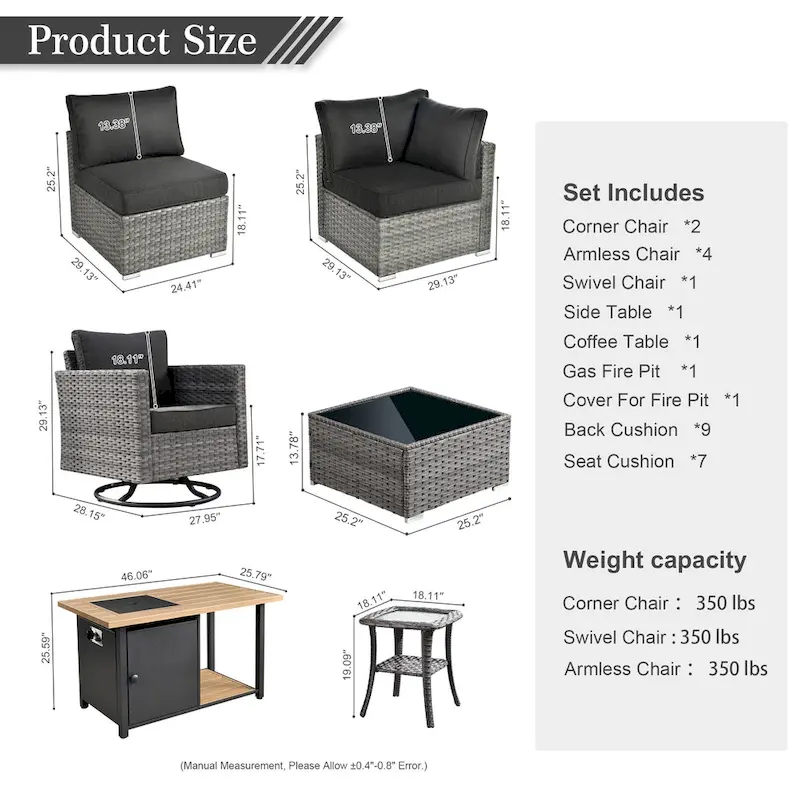 HOOOWOOO 10-piece Grey Rattan Patio Furniture Set with Fire Pit