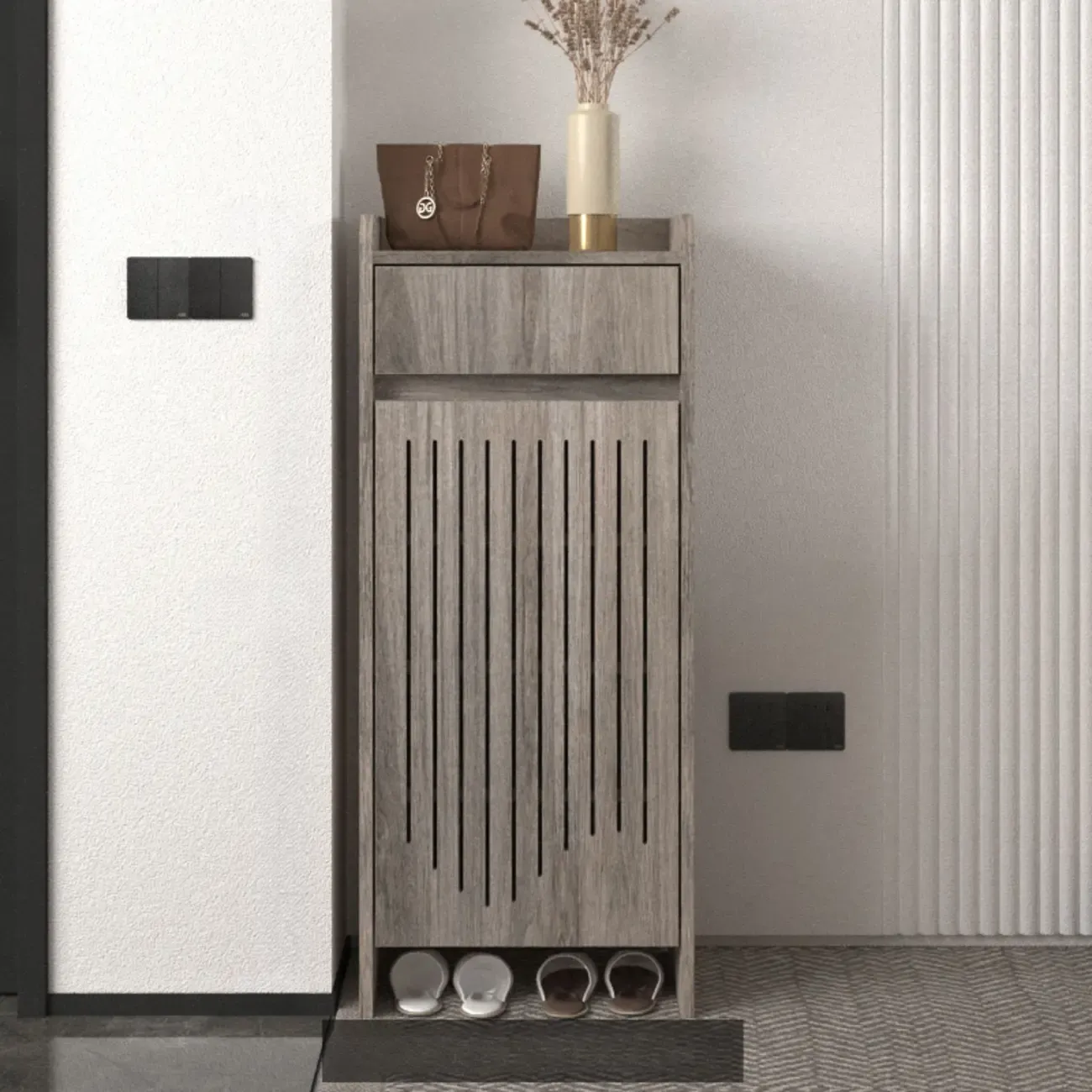 Modern Slim Wood Beige Entryway Shoe Cabinet