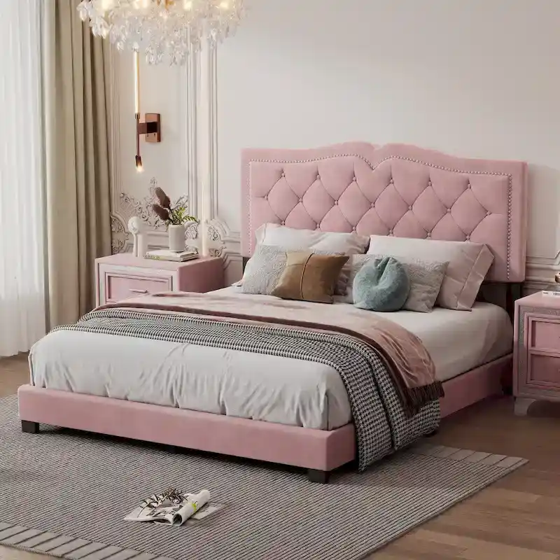 Queen Size Velvet Upholstered Platform Bed with Tufted Headboard