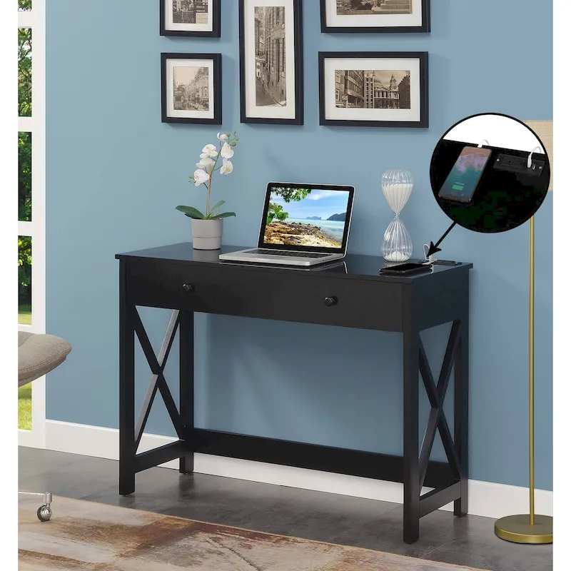 Black / White Writing Desk with Charging Station, 1-Person, 1 Drawer