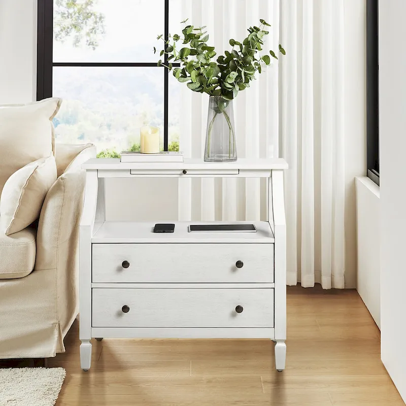2 - Drawer Nightstand with Built-In Outlets and Pull-out Tray