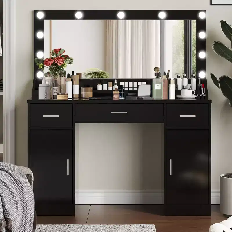 GDFStudio Dentu Modern 47 Wooden Vanity Desk with Mirror, 3 Lighting Modes and 3 Drawers