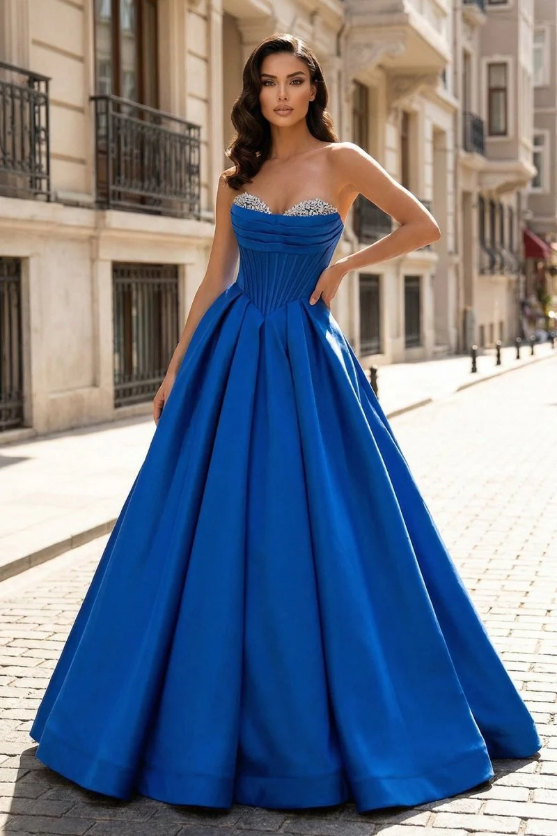 A-Line Beaded Sweetheart Royal Blue Satin Prom Dress