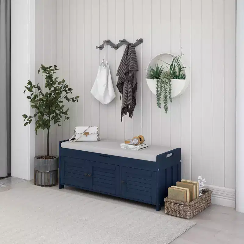 GDFStudio Gavin 43.5 Entryway Storage Shoe Bench with Shutter Doors and Adjustable Shelf