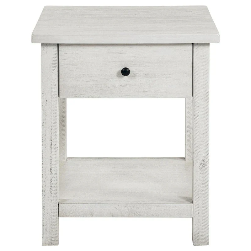Side End Table with Drawer and Lower Shelf, Distressed White, 20 Inch Square