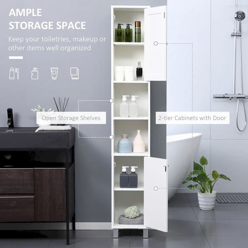 White Particleboard Tall Bathroom Storage Tower with Mirror Door, 2 Cabinets & 2 Open Shelves