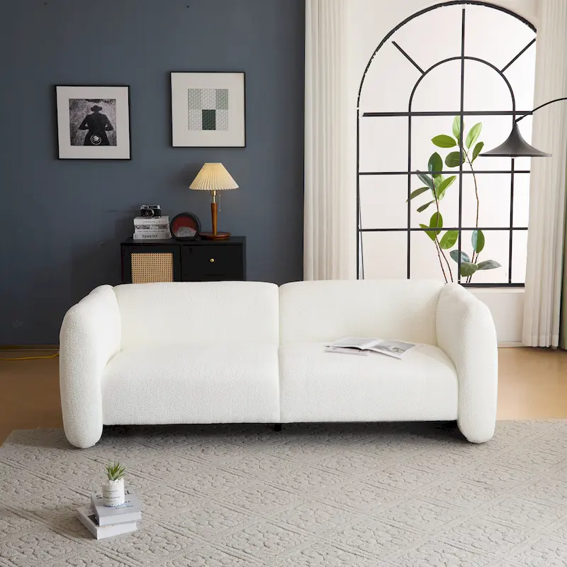 White / Beige Wave Design 3-Seater Fabric Sofa
