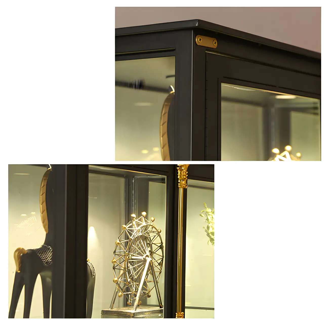 Glam Black Metal Frame Glass Curio Cabinet