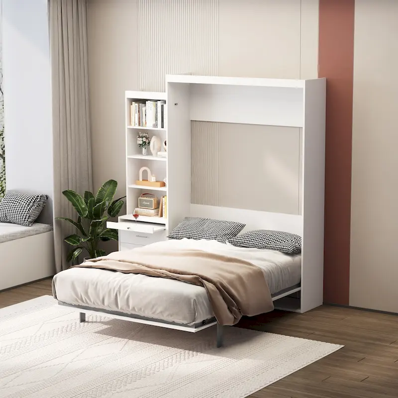 White Full-Size Murphy Bed with Integrated Shelves and Drawers - Gas Strut Mechanism