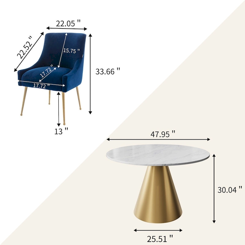 48 Marble Top Metal Dining Table with Velvet Dining Chair Set