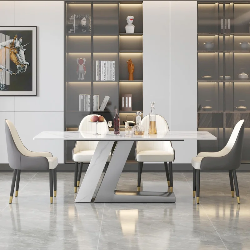 Modern Slate Kitchen Dining Table with White Rectangle Sintered Stone Top and Metal Legs -- 63/71/79