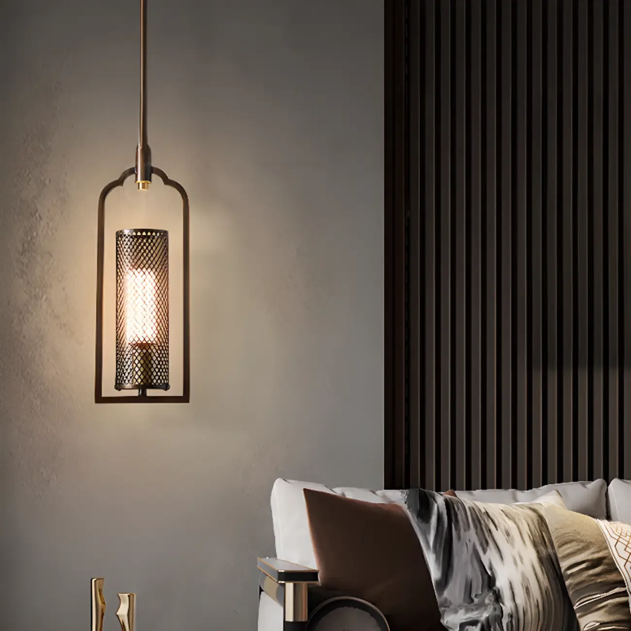 Antique Brass Cylinder Pendant Light with Copper Mesh Shade