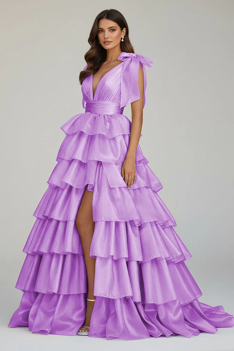 Glitter Tie Straps Pink Plunging Neck Tiered Long Prom Dress