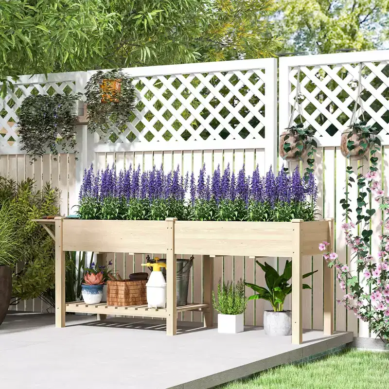 Outsunny Raised Garden Bed, Wood Elevated Planter Box with Side Table, Bottom Shelf, Bed Liners and Drainage Holes