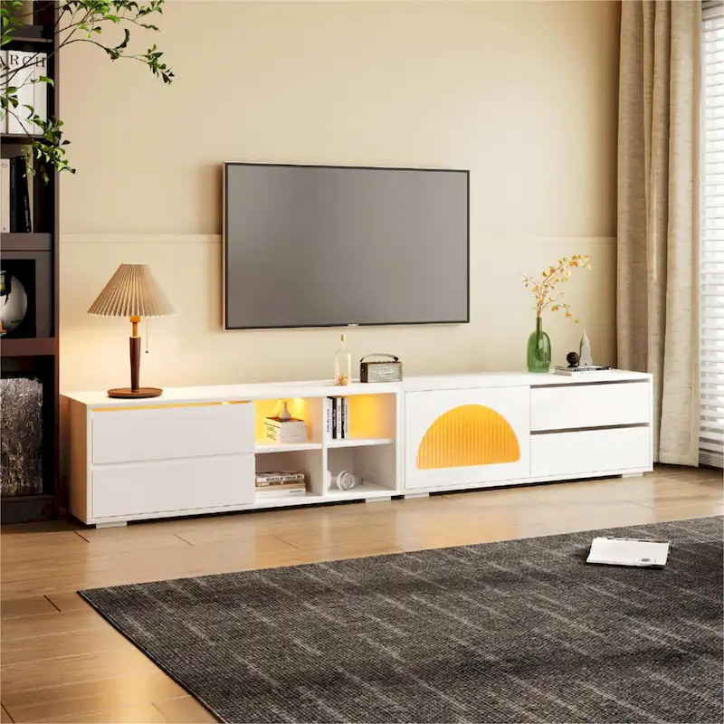Modern TV Stand with Fluted Glass Door for TVs Up to 100 , Media Console with Sliding Door & 2 Drawers