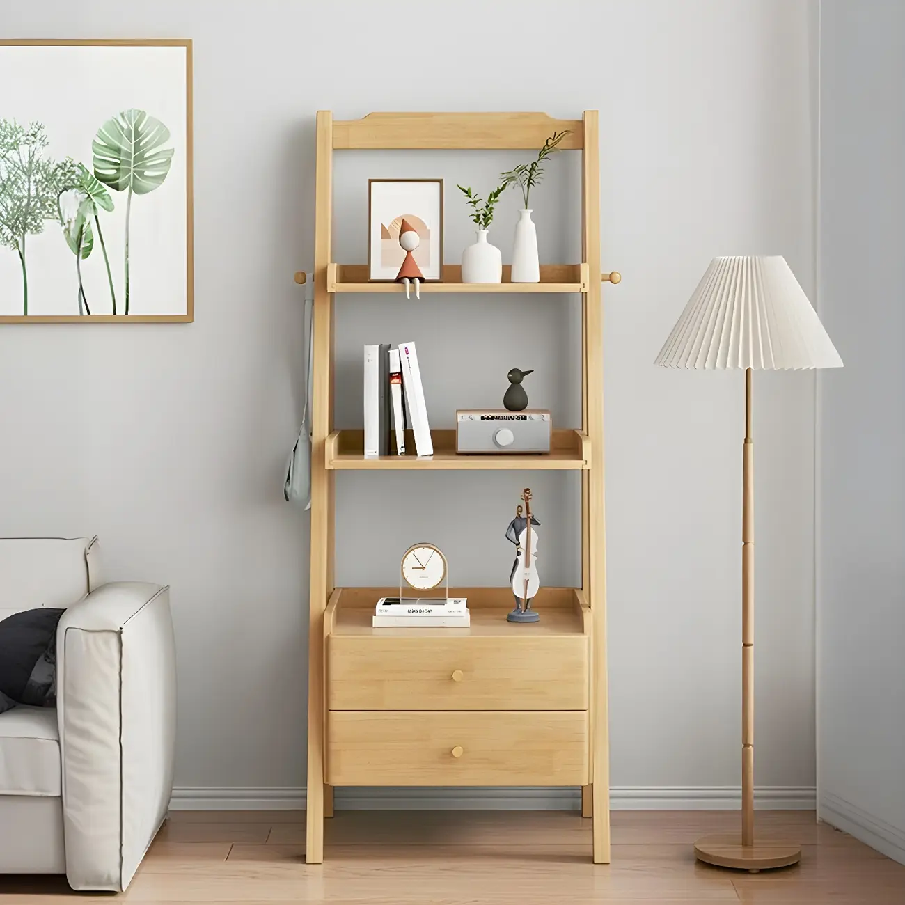 3-Tier Nut-Brown Wood Ladder Open Bookcase with Drawers