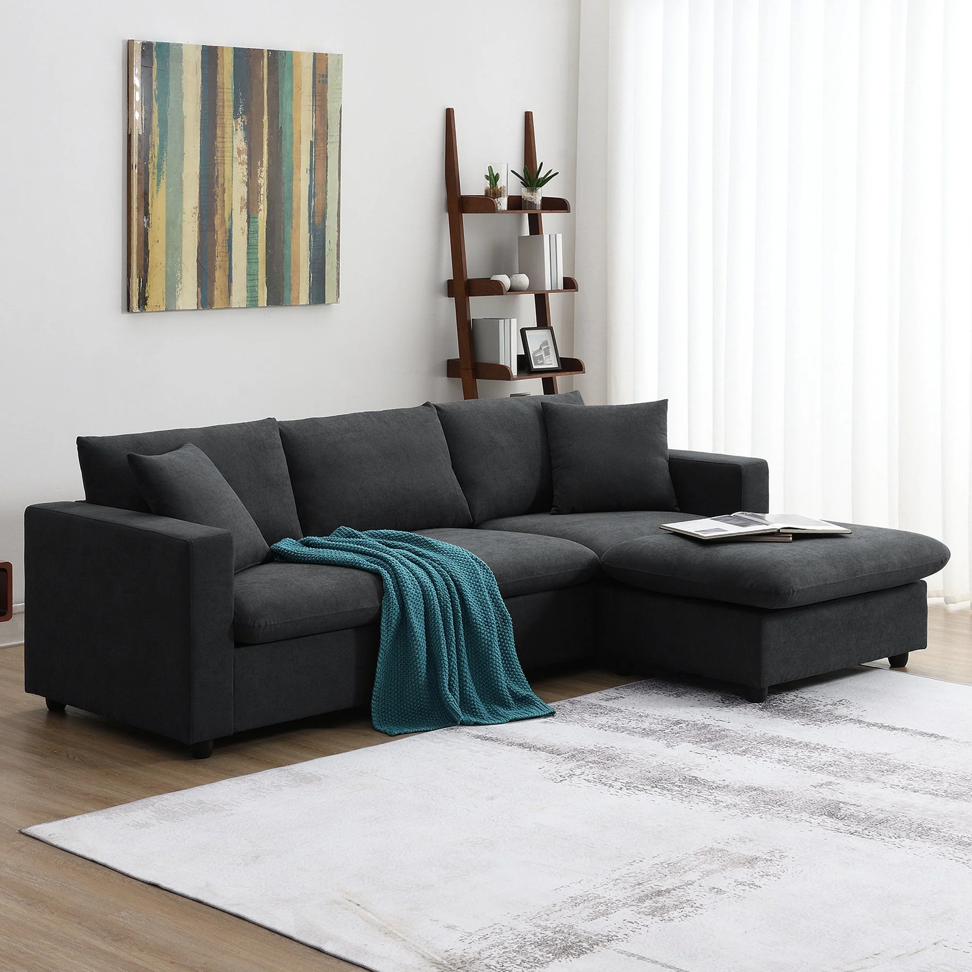 Walker Edison | Chenille Black Modern L-shape Sectional Sofa Ottoman