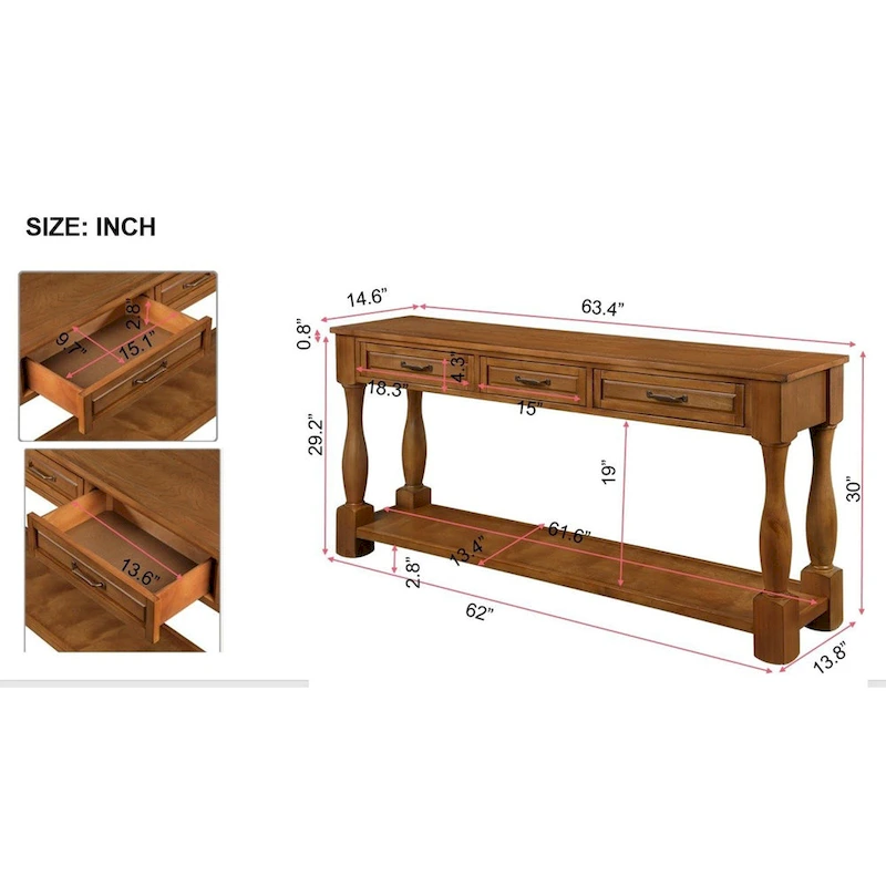 63inch Long Wood Console Table with 3 Drawers