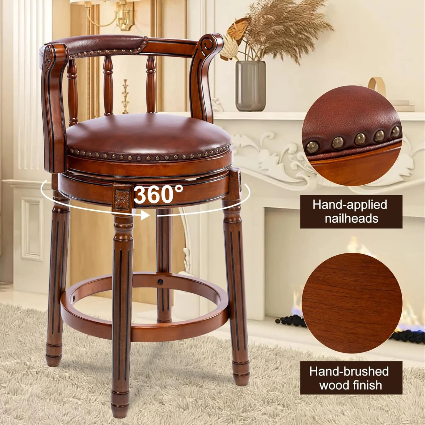 Swivel Counter Height Bar Stools in Genuine Leather & Walnut Solid Wood