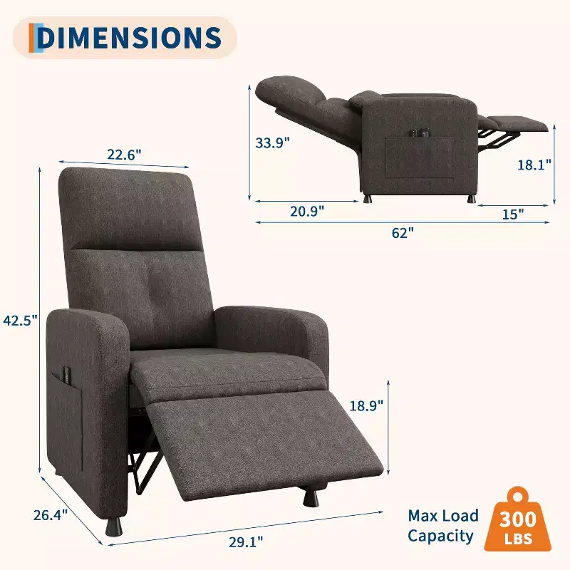 Recliner Chair, Reclining Sofa Adjustable Recliner, Lazy Chair, Ergonomic Overstuffed Tall Back, Padded Seat, 2 Side Pockets, for Living Room