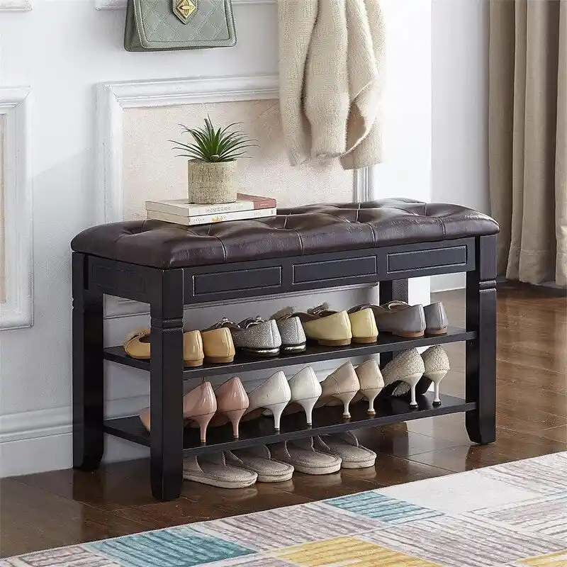 Brown / Black Padded 2-Person Shoe Storage Bench with Flip-Top & 2-Tier Rack