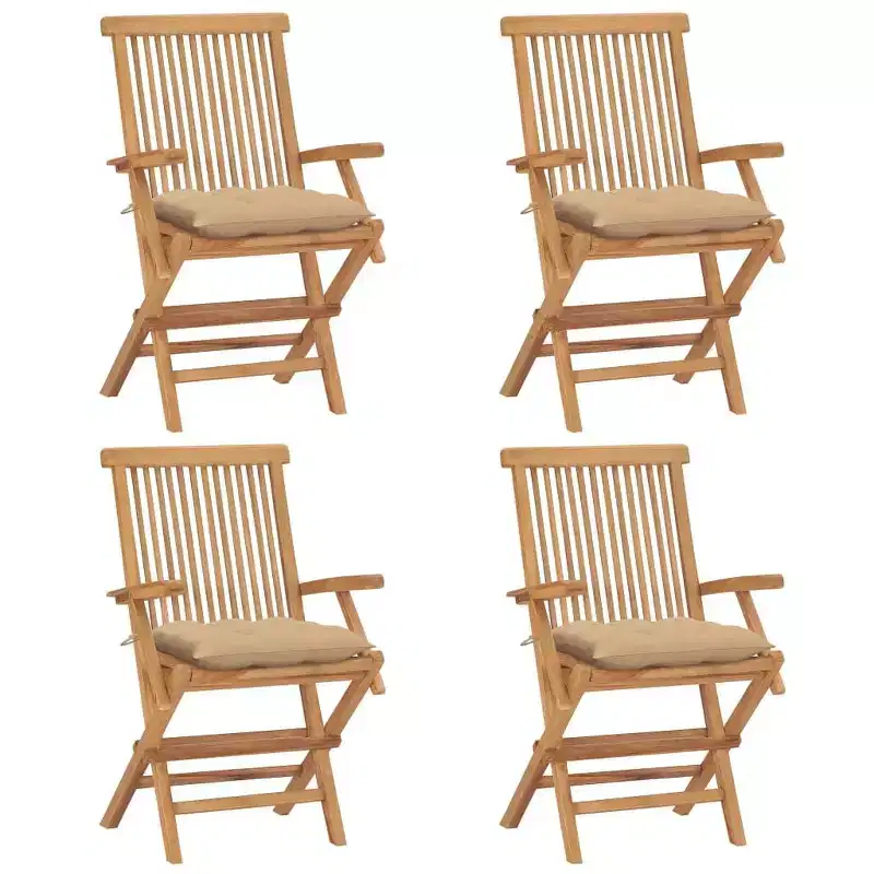 vidaXL 4X Solid Teak Wood Patio Chairs with Beige Cushions - Foldable Garden, Terrace or Patio Seating