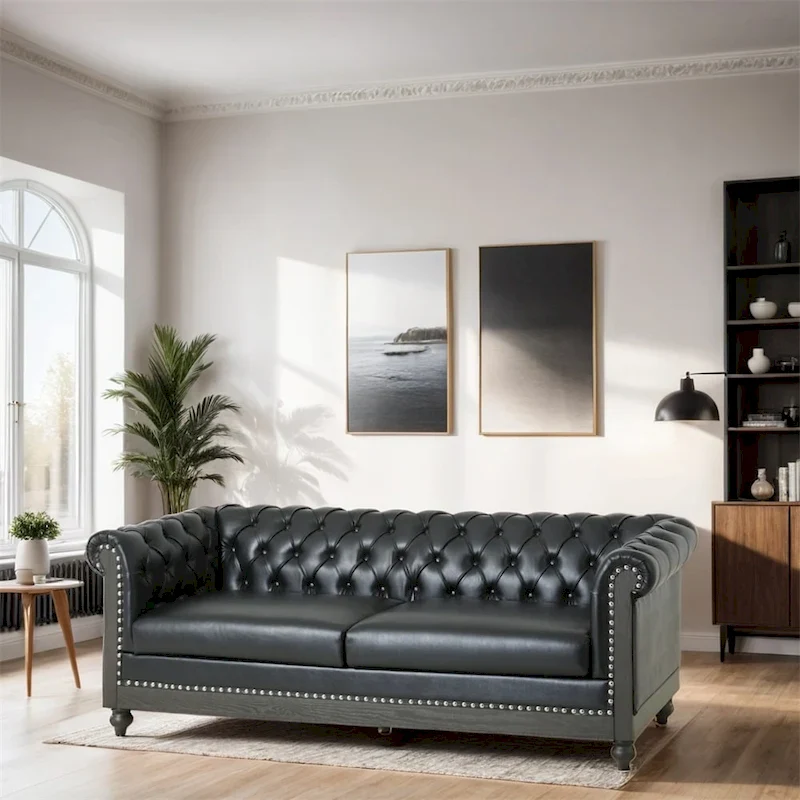 Retro 3 Seat PU Sofa with Wooden Frame and Legs