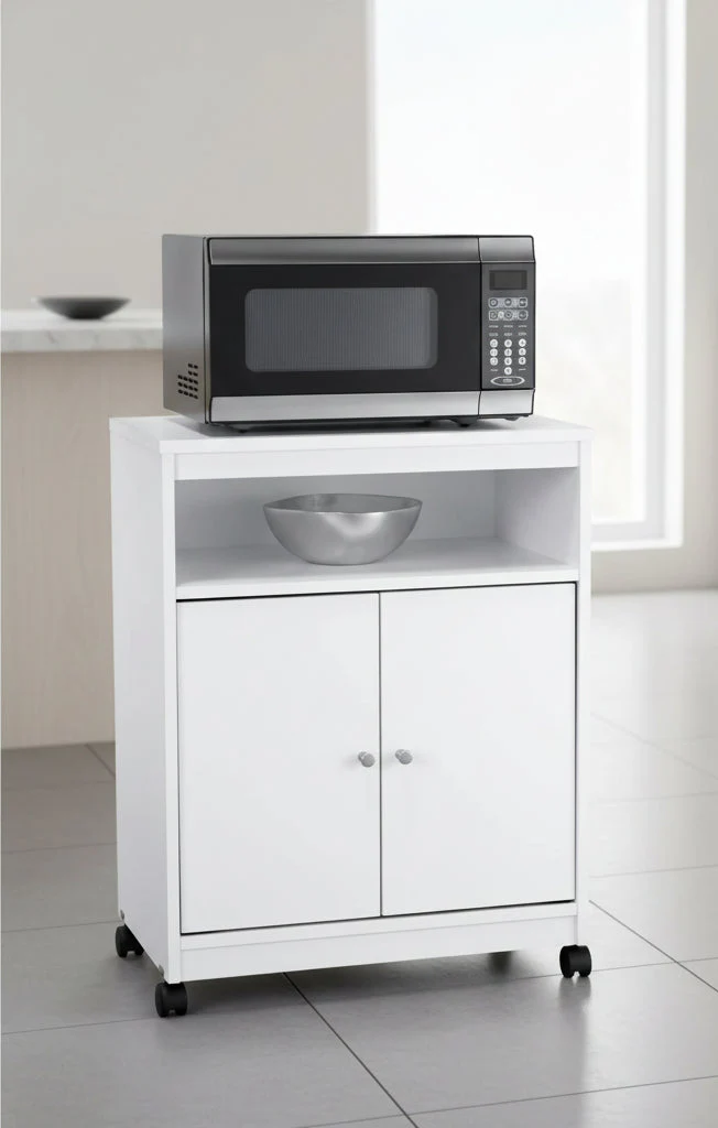 White Microwave Cart with Casters, Single-Tier Storage