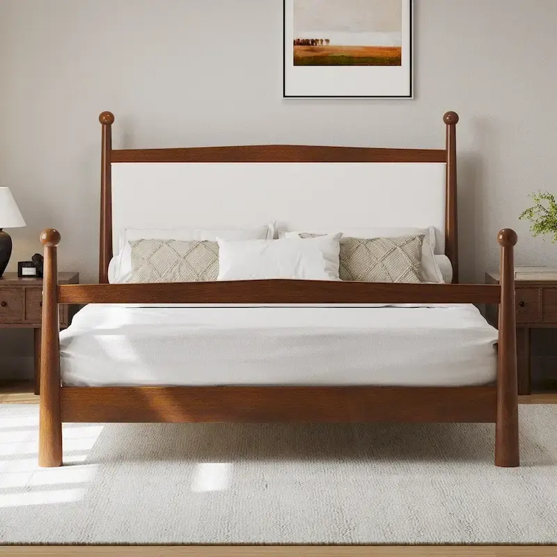 Mid-Century Modern Boucle Upholstered Headboard Wood Platform Bed