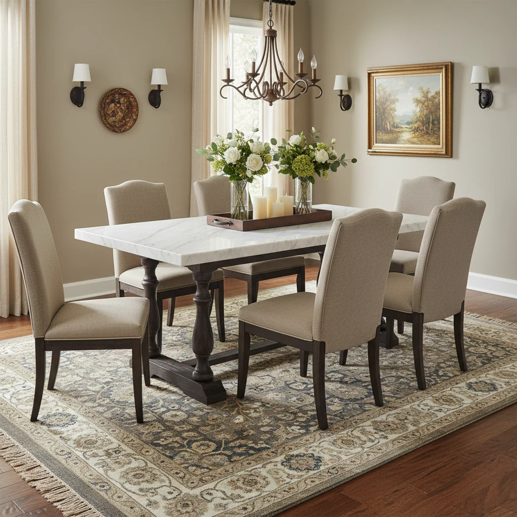 White Marble Top and Brown Wood Leg Rectangular Dining Table – 72 in