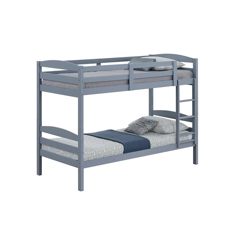 Modern Gray Solid Wood Twin Over Twin Bunk Bed with Ladder