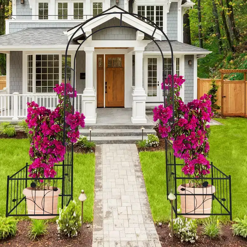 Metal Garden Arch with two plant stands 79.5 Wide x 86.6 High Climbing Plants Support Rose Arch Outdoor Black