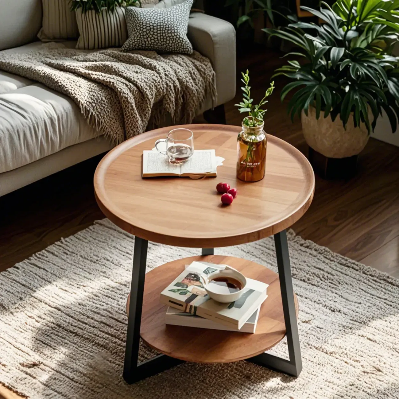 Modern Wooden Top Tray Coffee Table with Cross Legs & Shelf